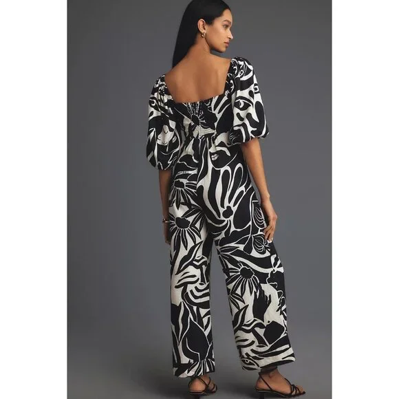 Anthropologie Farm Rio Puff-Sleeve Printed Linen Jumpsuit Size Small